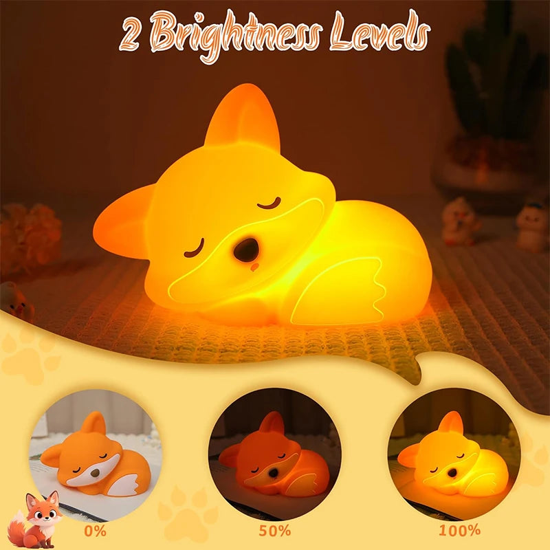 Fox Night Light for Kids, Rechargeable Silicone Lamp with Tap Control & 2-Level Dimming, Cute Nursery Decor & Birthday Gift